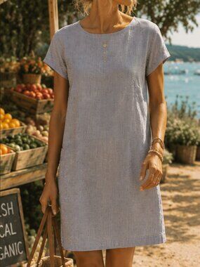Eileen Fisher Blue and White Pinstripe Short-Sleeve Shift Dress